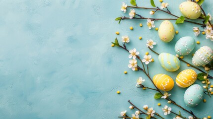Obraz na płótnie Canvas Decorative Easter eggs nestled among cherry blossoms on a pastel blue background, evoking spring festivities.