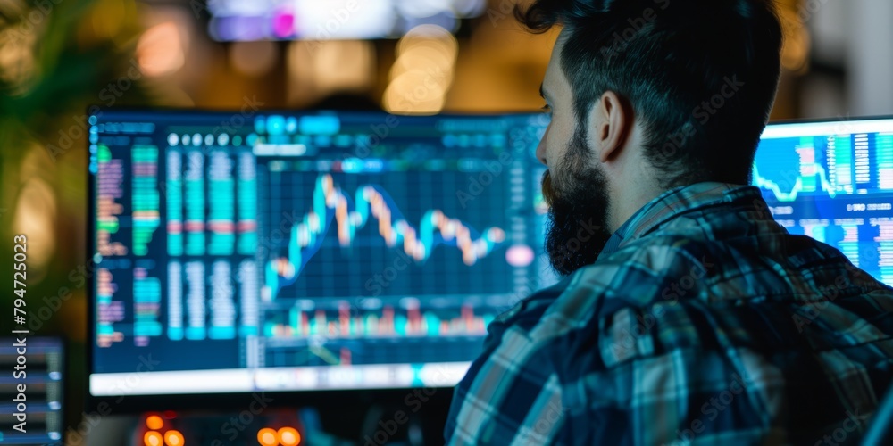Aufkleber a bearded man intensely focused on analyzing live stock market data across multiple computer screens