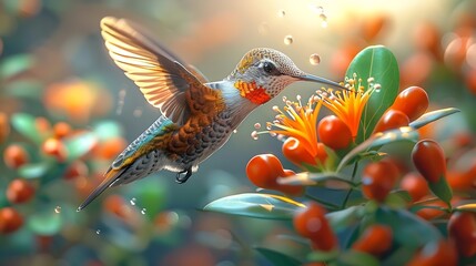 Obraz premium Generative AI : A closeup of a hummingbird in mid-flight, sips nectar from a flower