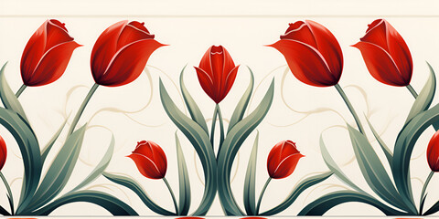 red tulips with green leaves painted with a water colours illustration on a clean background  - obrazy, fototapety, plakaty