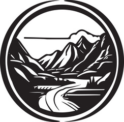 Landscape icons in the form of mountains and scenic roads in black and white color circles