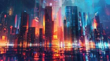 Futuristic cityscape with holographic skyscrapers