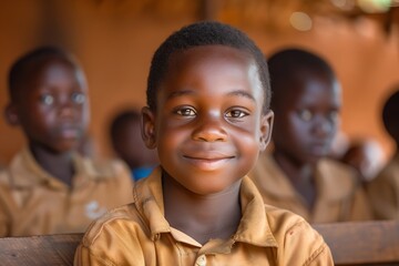 Generative AI : african boy in a classroom. the day is beautiful and he is smiling - obrazy, fototapety, plakaty