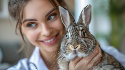 Generative AI : Closeup of young doctor examining rabbit at veterinary clinic