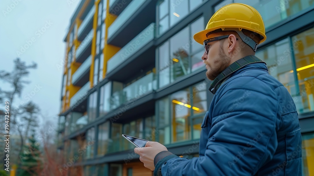Aufkleber Generative AI : engineer holding a tablet inspecting a modern office building