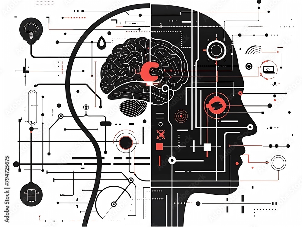 Aufkleber Generative AI : implistic website on technical capabilities, brain,