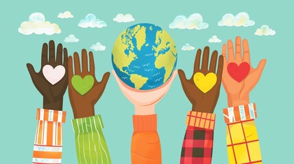 Illustration of several hands of different skin tones holding the earth and heart sign in the style of clip art.