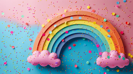 Minimalist Rainbow celebration background, Rainbow illustration in celebration style, rainbow flat lay - obrazy, fototapety, plakaty