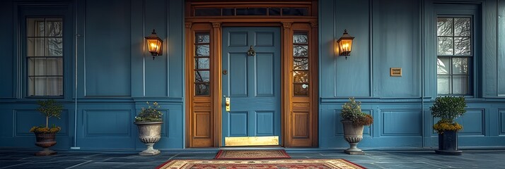 Front door - blue house with light brown trim - primary entry - front porch - landscape view 