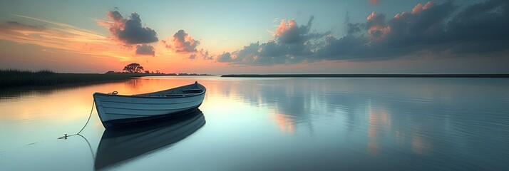 Sunset - golden hour - boat in a river - serene setting - blue and orange sky - coast - beach  - Powered by Adobe