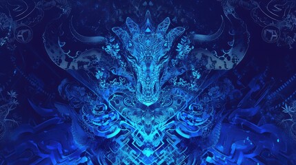 An enchanting blend of neon blue patterns resembling crocodile and snake textures intertwining with safari and tribal motifs creating a mesmerizing jungle inspired design The uniqu - obrazy, fototapety, plakaty