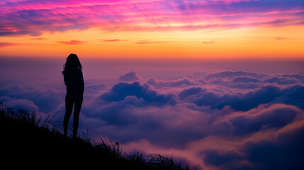 Silhouette of a lone woman standing above clouds, vibrant sunset sky in the background.