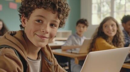 A joyful young boy with curly hair smiling in a classroom setting while working on a laptop among peers.