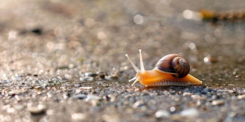 A single snail with a brown shell on a journey across wet pebbles. - Powered by Adobe