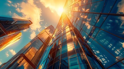 Generative AI : Moscow City skyscrapers, sun is reflecting on buildings' window, rich colors - obrazy, fototapety, plakaty