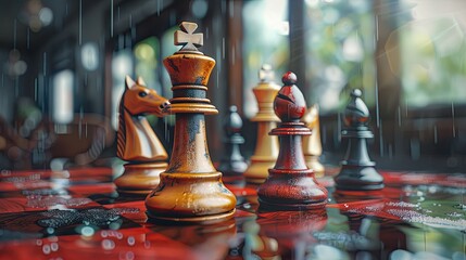 Chess pieces arranged strategically on a board - obrazy, fototapety, plakaty