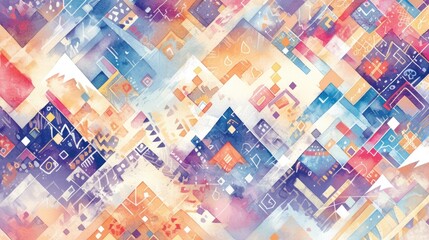 Explore a vibrant fusion of Tie Dye Japanese geometric patterns infused with the tranquil essence of Wabi Sabi and watercolor motifs reminiscent of a kimono Dive into this whimsical landsca