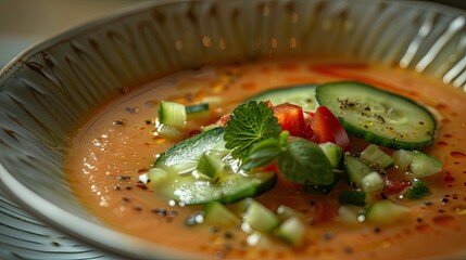 Chilled gazpacho soup garnished with cucumber slices