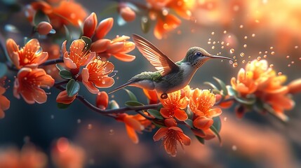Naklejka premium Generative AI : A closeup of a hummingbird in mid-flight, sips nectar from a flower