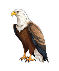 A regal cartoon bald eagle standing, with intricate feather details and sharp talons. Generative AI