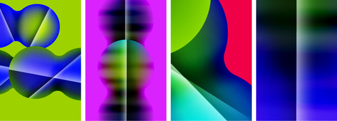 A vibrant collage of colorful abstract images in shades of violet, magenta, and electric blue on a green background, featuring rectangles and symmetrical designs