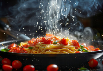Steamy Spaghetti with Tomato Sauce and Basil. - obrazy, fototapety, plakaty