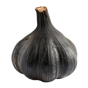 An isolated black garlic set against a rustic backdrop on a transparent background