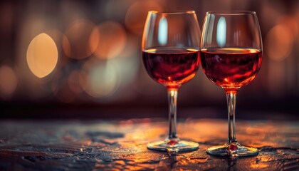 Two wine glasses filled with red wine on a table by AI generated image