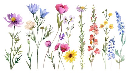 Beautiful floral set with watercolor hand drawn summer wild field flowers. Stock illustration. Clip art. Generative Ai