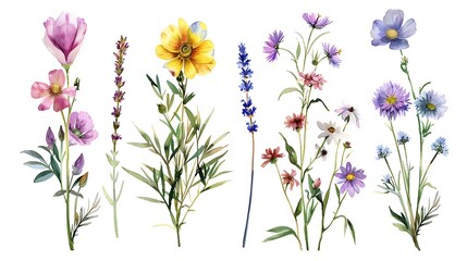 Beautiful floral set with watercolor hand drawn summer wild field flowers. Stock illustration. Clip art. Generative Ai