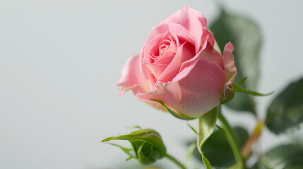 Fototapeta premium pink rose flower on white background, pink Rose Wallpaper Abstract, Beautiful pink rose flower macro on white on white background, pink rose flower with leaves isolated on white background,