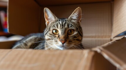 A curious tabby cat with striking eyes peeking out from the confines of a cardboard box.