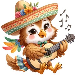 Golden eagle wearing Cinco de Mayo costume holding a guitar watercolor clipart