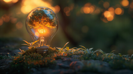A tree grows in light bulbs, energy-saving and environmental concepts on Earth Day. - obrazy, fototapety, plakaty