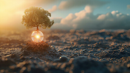 A tree grows in light bulbs, energy-saving and environmental concepts on Earth Day. - obrazy, fototapety, plakaty