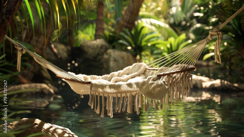 Poster nestled in a quiet cove a hammock provides a serene setting for falling into a deep sleep. the only 