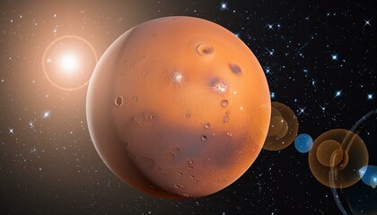 Planet Mars isolated on black background, sun with craters and stars - obrazy, fototapety, plakaty