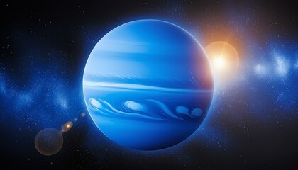 Planet Neptune isolated on black background, sun with craters and stars as outerspace of earth - obrazy, fototapety, plakaty