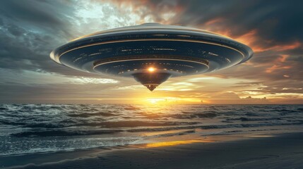 A stunning visual of a UFO hovering over the tumultuous ocean waves against a sunset backdrop.