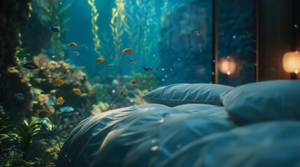 Wake up feeling rejuvenated and refreshed after a magical nights sleep in a serene underwater hotel room at Neptunes Cradle Rock. 2d flat cartoon. - obrazy, fototapety, plakaty