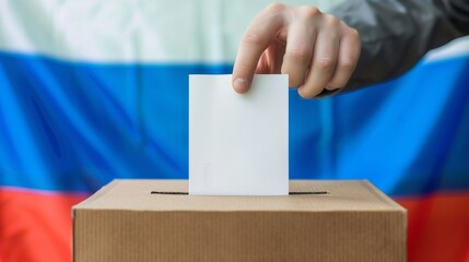 Close-up of a hand inserting a white ballot into a box with a Russian flag in the background.