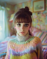 The image features a young woman with dramatic large eyes and playful makeup, wearing a colorful sweater in a patterned room - obrazy, fototapety, plakaty