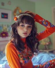 Stylish woman with large eyes and retro makeup in a colorful, floral-patterned outfit with a decorative headband - obrazy, fototapety, plakaty