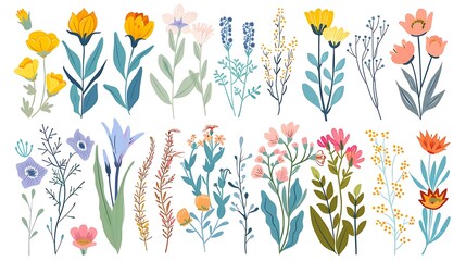 Collection of floral and botanical elements. Set of leaf, foliage wildflowers, plants, bloom, leaves and herb. Hand drawn of blossom spring season vectors for decor, wedding card. Generative Ai