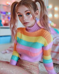 This image captures a stylish young woman with freckles in a pastel-striped sweater, embodying a youthful and fashionable aesthetic - obrazy, fototapety, plakaty