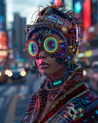 Intriguing cybernetic helmet with elaborate design details, amid the blurred motion of city life and evening traffic