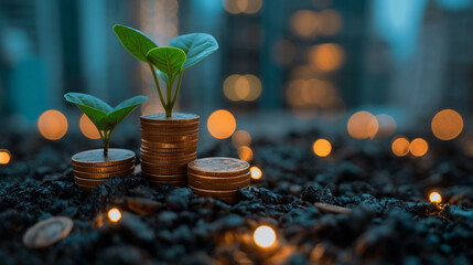 Financial Growth, Plant on pile coins with cityscape background. - obrazy, fototapety, plakaty