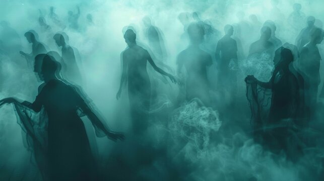 Defocused ethereal figures dancing in a sea of shadows engulfed in a mysterious haze. .