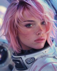 Detailed close-up of a futuristic-looking woman with pink hair and a spacesuit, with a space backdrop - obrazy, fototapety, plakaty