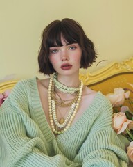 Woman with short bob haircut wearing a green knit sweater and layered pearl necklaces - obrazy, fototapety, plakaty